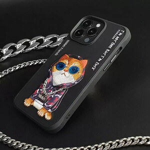 قیمت قاب محافظ گوشی آیفون 15 طرح گربه با عینک و زنجیر واقعی و خز گلدوزی‌شده نیمی