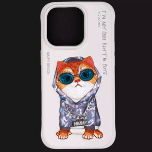 قیمت قاب محافظ گوشی آیفون 15 طرح گربه با عینک و زنجیر واقعی و خز گلدوزی‌شده نیمی