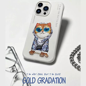 بهترین قاب محافظ گوشی آیفون 15 طرح گربه با عینک و زنجیر واقعی و خز گلدوزی‌شده نیمی