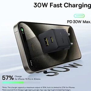 بهترین شارژر دیواری فست تایپ‌سی و یو اس بی 30 وات بیسوس با کابل دو سر تایپ سی