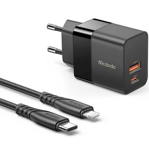 بهترین شارژر دیواری فست تایپ‌سی و یو اس بی 15 وات مک دودو همراه کابل تایپ‌سی به لایتنینگ 1.2 متری