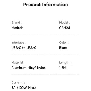 کابل کارپلی سوپر فست شارژ دو سر تایپ سی 100 وات 5 آمپر 1.2 متری مک‌دودو