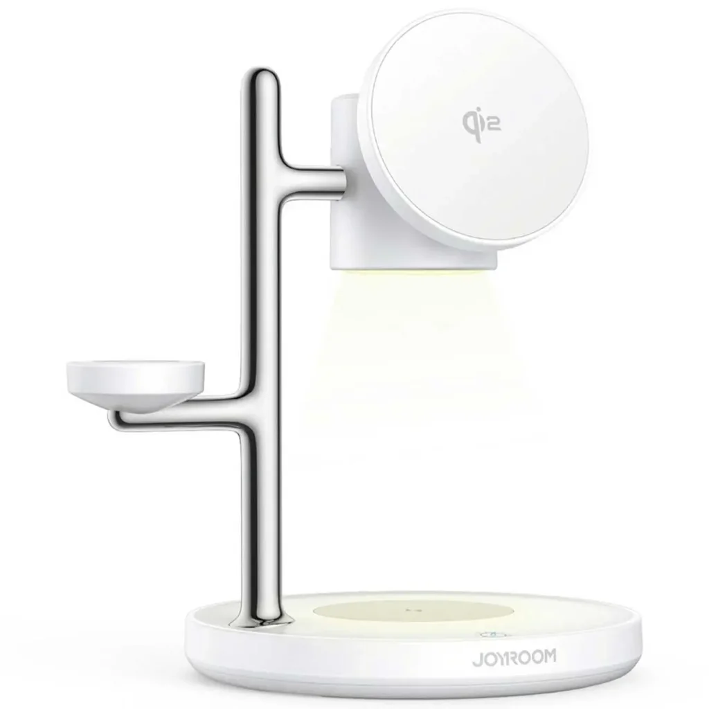 شارژر وایرلس Qi2 گوشی، اپل واچ و ایرپادز 4 کاره جویروم JOYROOM JR-W23 با چراغ خواب