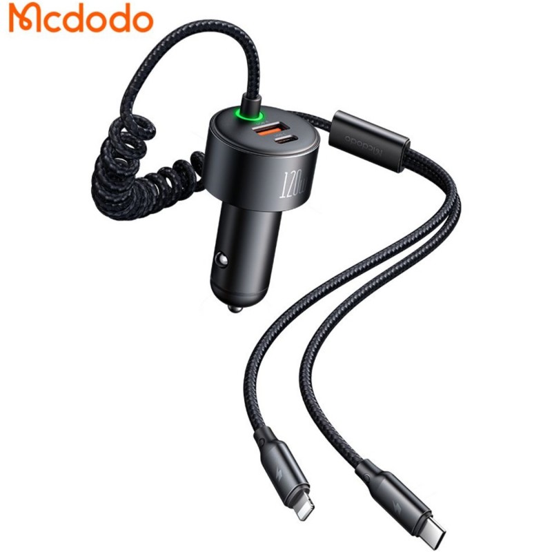 شارژر فندکی فست شارژ ماشین تایپ سی، لایتنینگ و یو اس بی 120 وات مک دودو CC-037