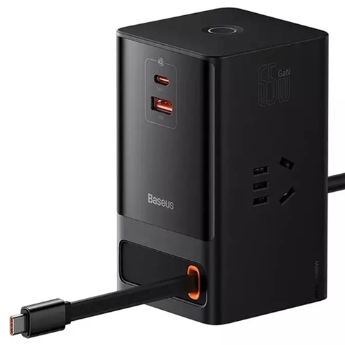 شارژر رومیزی و آداپتور برق سوپر فست شارژ 65 وات با کابل تایپ سی جمع شونده بیسوس Baseus Gan5 Pro Digital Power Strip PSLR000001