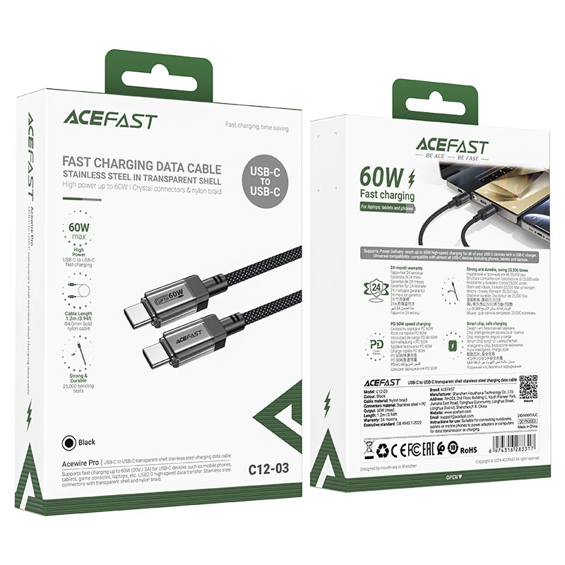 کابل Type-C به Type-C ایس فست ACEFAST C12-03 طول 1.2 متر توان 60 وات