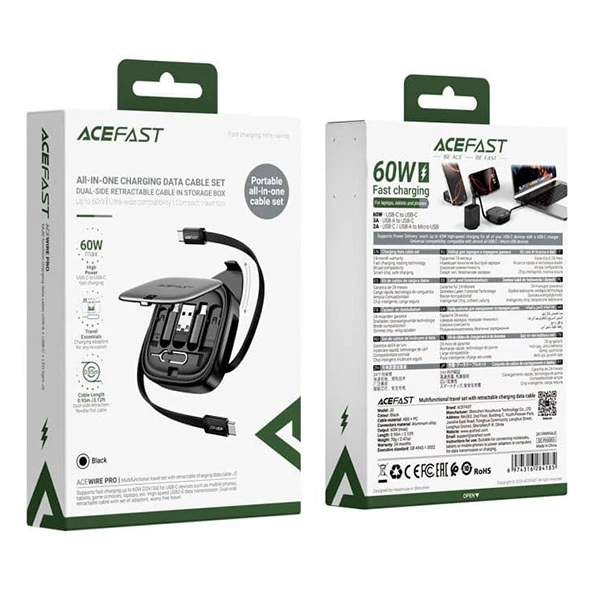 پک کابل چند منظوره ایس فست ACEFAST J3 Acewire Pro توان 60 وات همراه با کابل جمع‌شونده