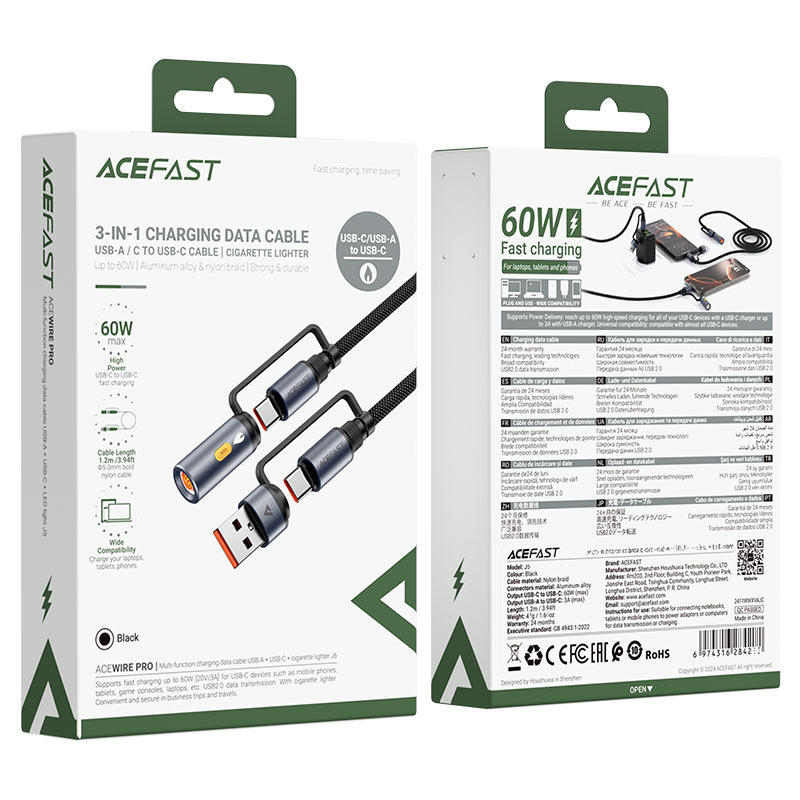 کابل Type-C به Type-C چندکاره ایس فست ACEFAST J6 Acewire Pro طول 1.2 متر توان 60 وات