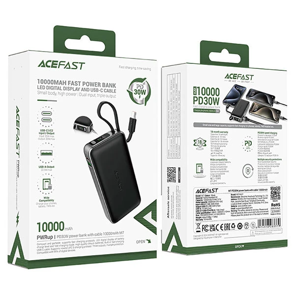 پاوربانک 10000 ایس فست ACEFAST M7 توان 30 وات همراه با کابل متصل