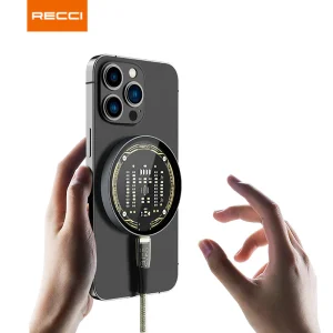 شارژر بی سیم RCW-23CC رسی (Recci RCW-23CC MARS Magnetic suction Wireless Charger science fiction mechanical design Transparent tempered glass panel Type-C)