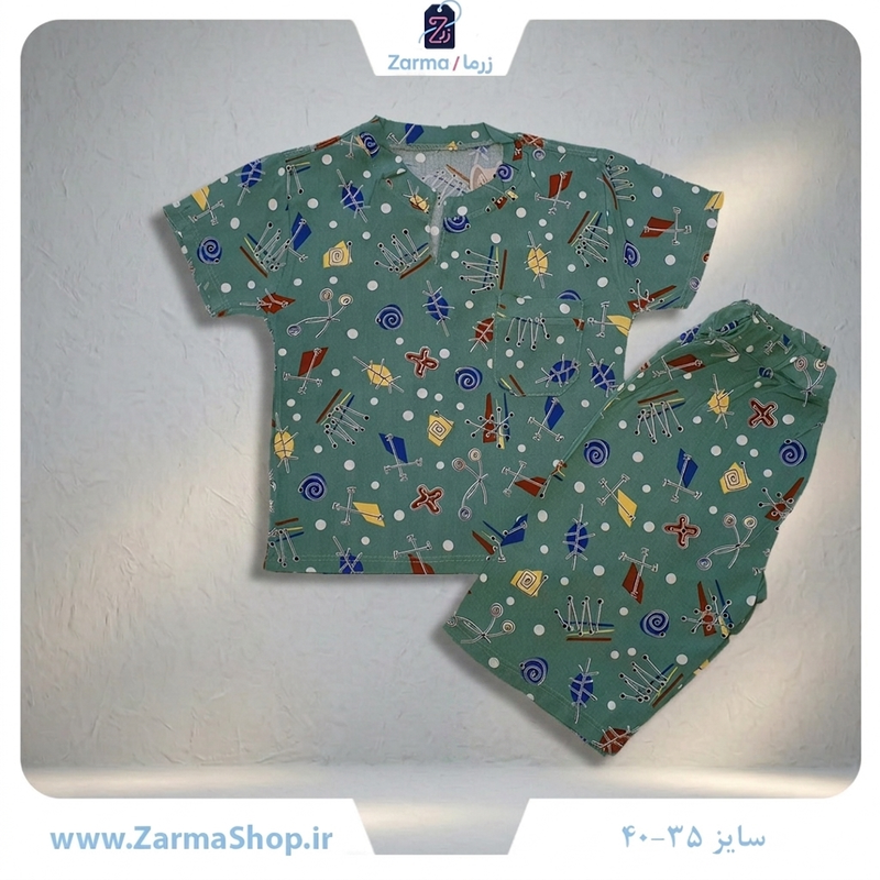 ست پیراهن  و شلوارک نخی پسرانه طرح فانتزی (رنگ سبز)