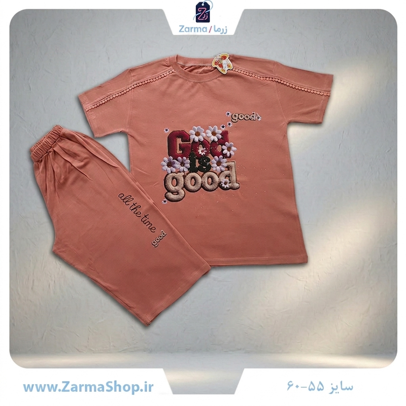 ست تیشرت و شلوارک دخترانه با طرح گل سه‌بعدی (رنگ گلبهی)