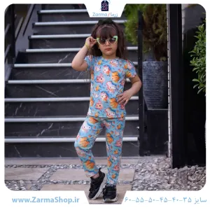 ست تیشرت و شلوار دخترانه با طرح کارتونی تک‌شاخ (رنگ آبی کم‌رنگ)