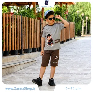 ست تیشرت و شلوارک لش پنبه پسرانه طرح گربه گنگ (رنگ طوسی)