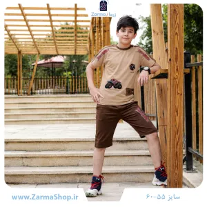 ست تیشرت و شلوارک لش پنبه پسرانه طرح گربه گنگ (رنگ نسکافه‌ای)