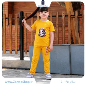 ست تیشرت و شلوار دخترانه با طرح گربه ملوس (رنگ زرد)