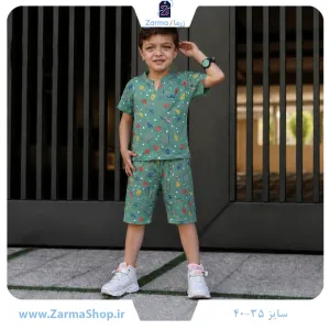 ست پیراهن  و شلوارک نخی پسرانه طرح فانتزی (رنگ آبی)