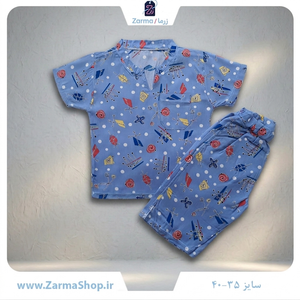 ست پیراهن  و شلوارک نخی پسرانه طرح فانتزی (رنگ آبی)