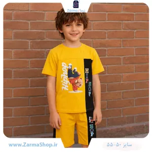ست تیشرت و شلوارک پنبه پسرانه طرح تدی (رنگ زرد)