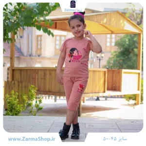 ست تیشرت و شلوارک دخترانه با طرح دختر قلبی (رنگ سرخابی)