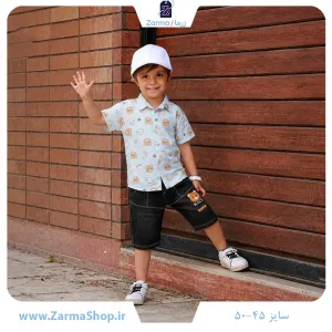 ست پیراهن نخی و شلوارک کتان پسرانه طرح خرس و توت‌فرنگی (رنگ کرم)