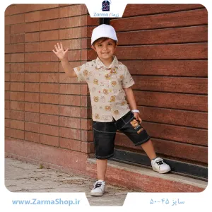 ست پیراهن نخی و شلوارک کتان پسرانه طرح خرس و توت‌فرنگی (رنگ آبی روشن)