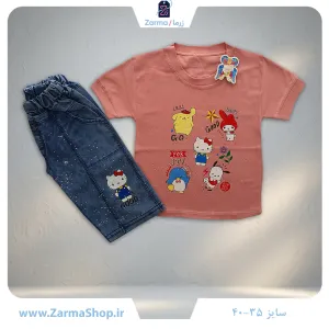 ست تیشرت و شلوارک لی دخترانه با طرح هلوکیتی (رنگ کالباسی)