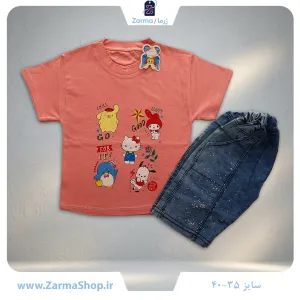 ست تیشرت و شلوارک لی دخترانه با طرح هلوکیتی (رنگ صورتی پاستلی)