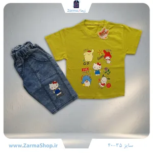ست تیشرت و شلوارک لی دخترانه با طرح هلوکیتی (رنگ سبز)