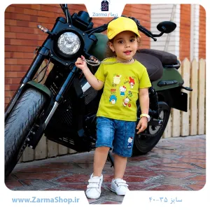 ست تیشرت و شلوارک لی دخترانه با طرح هلوکیتی (رنگ سبز)