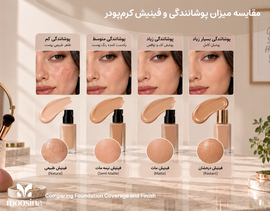 مقایسه پوشانندگی سبک، متوسط و بالا و فینیش مات، طبیعی و درخشان کرمپودر