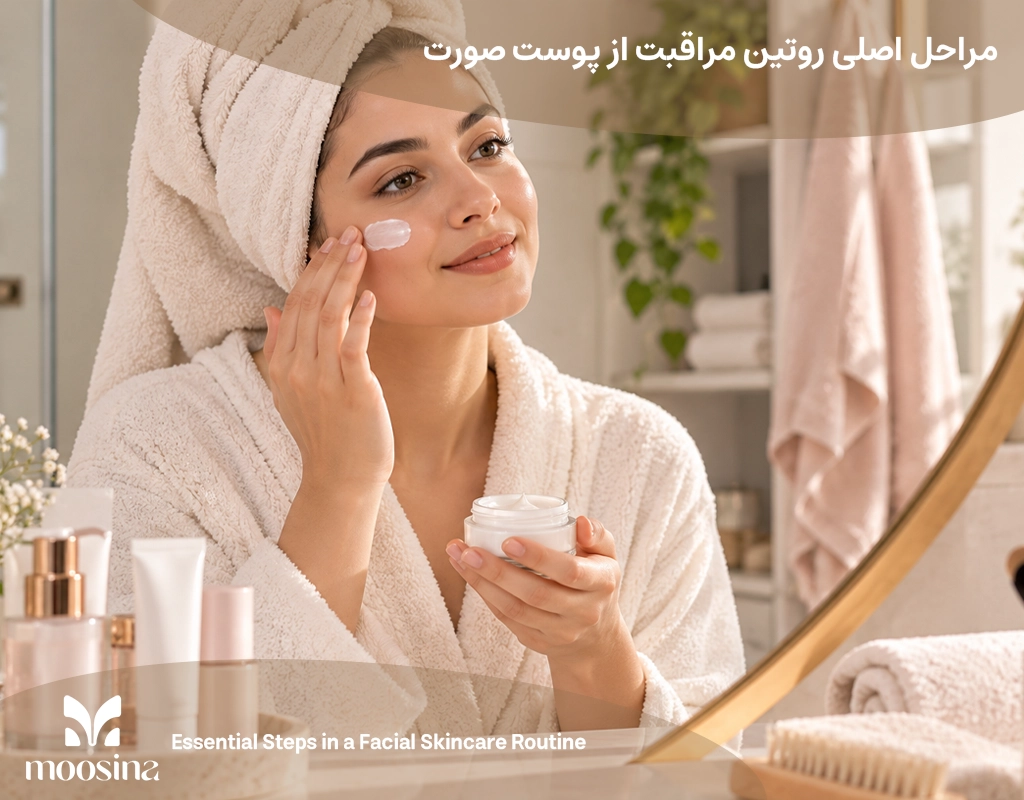 مراحل روتین مراقبت از پوست شامل پاکسازی، تونر، سرم، مرطوب&zwnj;کننده و ضدآفتاب