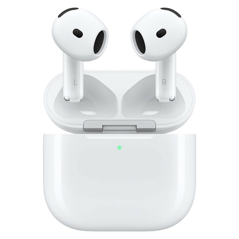 هدفون بلوتوثی اپل مدل AirPods 4 دارای نویز کنسلینگ، درگاه شارژ USB-Type-C و شارژ بی سیم، با قابلیت اتصال به چند دستگاه، پشتیبانی از فرمان لمسی و دستیار صوتی، نشانگر LED، مقاوم در برابر پاشش آب و گرد و غبار