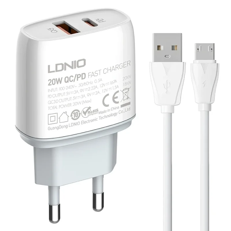 شارژر دیواری 20 وات الدینیو مدل Q229 به همراه کابل تبدیل USB-C
