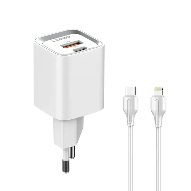 شارژر دیواری 20 وات 2 پورت الدینیو مدل A2318C به همراه کابل تبدیل USB-C به لایتنینگ