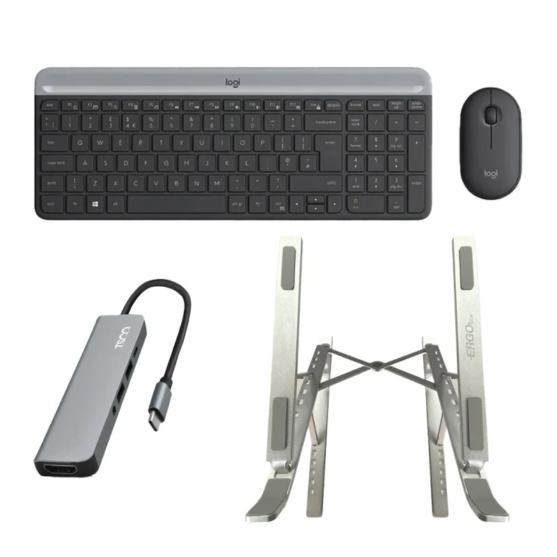 کیبورد و ماوس بی‌سیم لاجیتک مدل MK470، سوییچ ممبران، Full-Size به همراه هاب چهار پورت USB-C تسکو مدل THU 1160 و پایه نگهدارنده لپ تاپ ارگو مدل WLB007