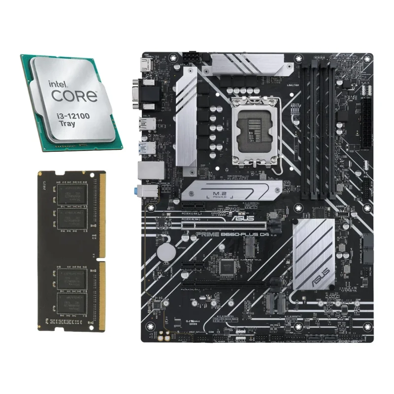مادربرد ایسوس مدل PRIME B660-PLUS D4 به همراه پردازنده مرکزی اینتل مدل Core i3 12100-Tray و رم لپتاپ DDR4 تک کاناله 3200 مگاهرتز CL22 فدک مدل A1 ظرفیت 8 گیگابایت