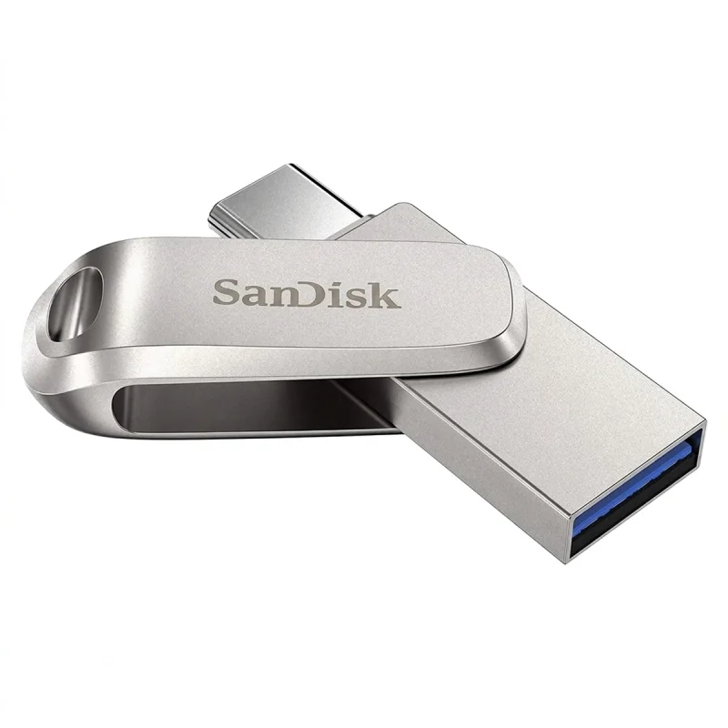 فلش مموری سن دیسک مدل Ultra Dual Drive Luxe ظرفیت 64 گیگابایت با دو رابط USB تایپ سی و USB 3.2 Gen1، بدنه فلزی چرخشی، سرعت انتقال 150 مگابایت بر ثانیه و سازگار با گوشی، تبلت، کامپیوتر و تلویزیون