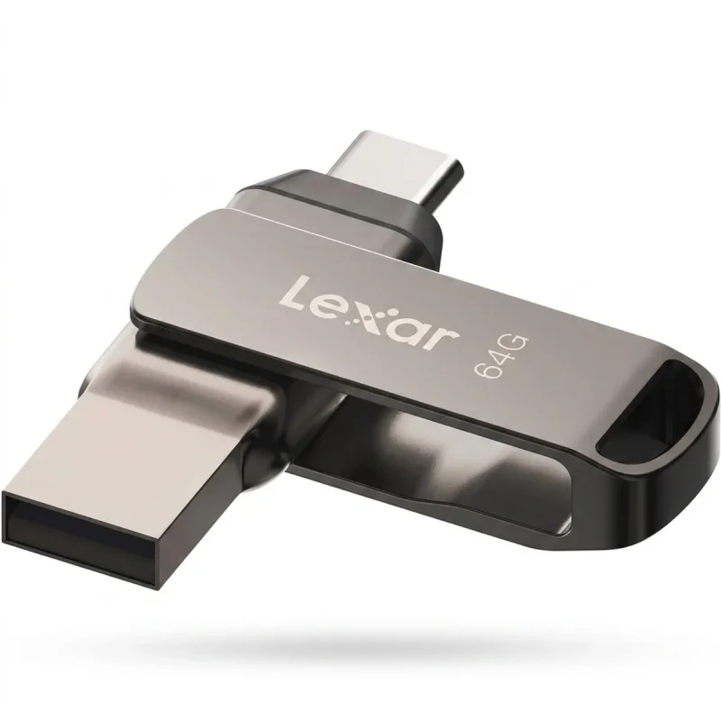 فلش مموری لکسار مدل JumpDrive Dual Drive D400 ظرفیت 64 گیگابایت با رابط USB 3.1 Type-C و Type-A، بدنه فلزی مقاوم در برابر آب، ضربه، شوک و گرد و غبار، سرعت انتقال تا 130 مگابایت بر ثانیه و قابلیت رمزگذاری خودکار داده‌ها