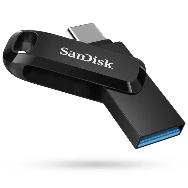 فلش مموری سن دیسک Ultra Dual Drive Go ظرفیت 256 گیگابایت با دو رابط USB Type-C و USB Type-A، طراحی چرخشی، سرعت خواندن 150 مگابایت بر ثانیه، سازگار با کامپیوتر، لپ‌تاپ، تبلت و گوشی موبایل