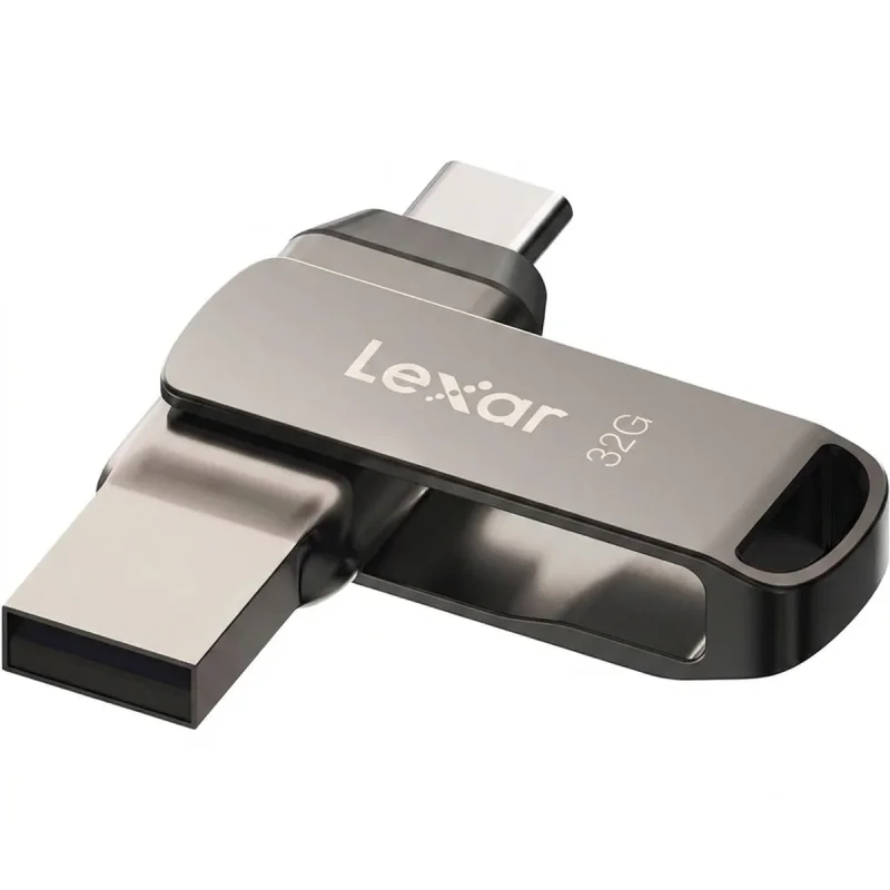 فلش مموری لکسار مدل JumpDrive Dual Drive D400 ظرفیت 32 گیگابایت، دو درگاه USB Type-C و Type-A، سرعت انتقال 130 مگابایت بر ثانیه، مقاوم در برابر آب، ضربه، شوک و گرد و غبار، بدنه فلزی چرخشی و رمزگذاری خودکار اطلاعات