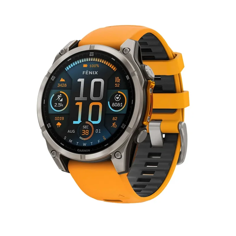 ساعت هوشمند گارمین مدل Fenix 8 - 47mm دارای قابلیت های صفحه نمایش لمسی، کنترل موسیقی، کنترل سطح اکسیژن خون، ضد آب، بند سیلیکون