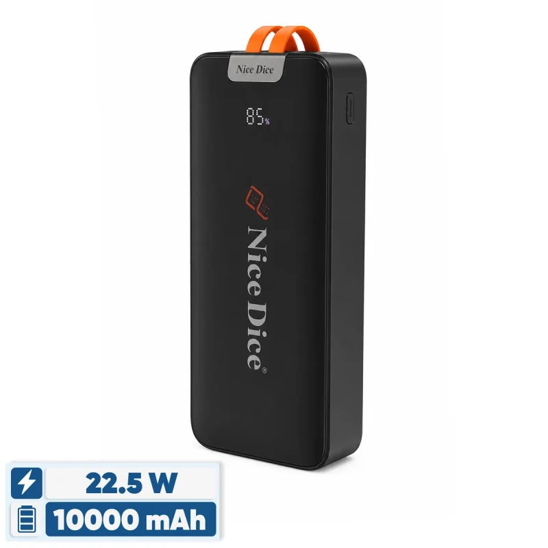 پاوربانک نایس دایس 22.5 وات مدل 124 ظرفیت 10000 میلی‌آمپرساعت به همراه دو کابل متصل USB-C و لایتنینگ