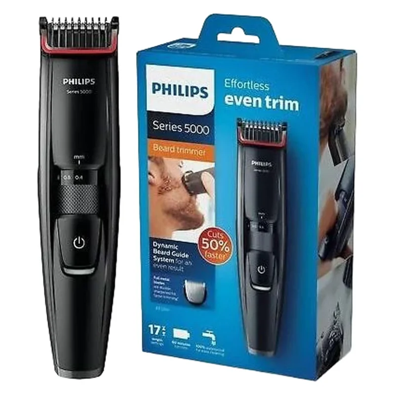 ماشین اصلاح موی صورت فیلیپس مدل BT5200/16 با تیغه‌های استیل ضدزنگ خود تیزشونده، طول اصلاح 0.4 تا 10 میلی‌متر، قابلیت استفاده با باتری و برق، شارژ USB یک ساعته و ضدآب با طراحی ارگونومیک و شانه قابل تنظیم دستی