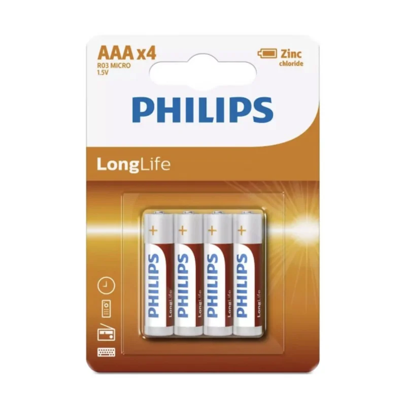 باتری نیم قلمی فیلیپس مدل LongLife کد R03L4B/10 بسته 4 عددی