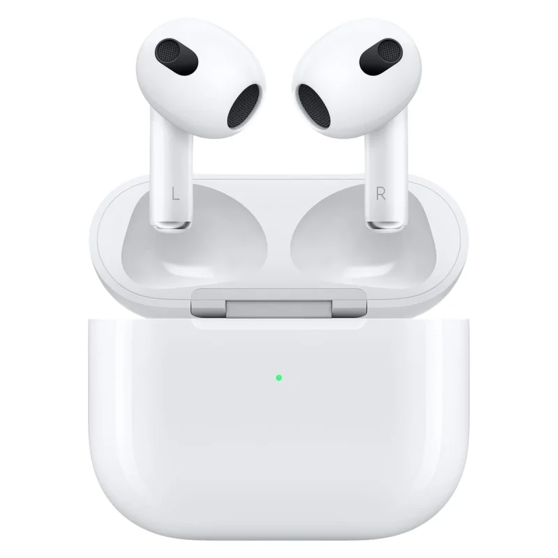 هدفون بلوتوثی اپل مدل AirPods 3 با نویز کنسلینگ میکروفون (ENC)، درگاه شارژ لایتنینگ، دارای سنسور تشخیص پوست و پشتیبانی از فرمان لمسی، مقاوم در برابر رطوبت و عرق