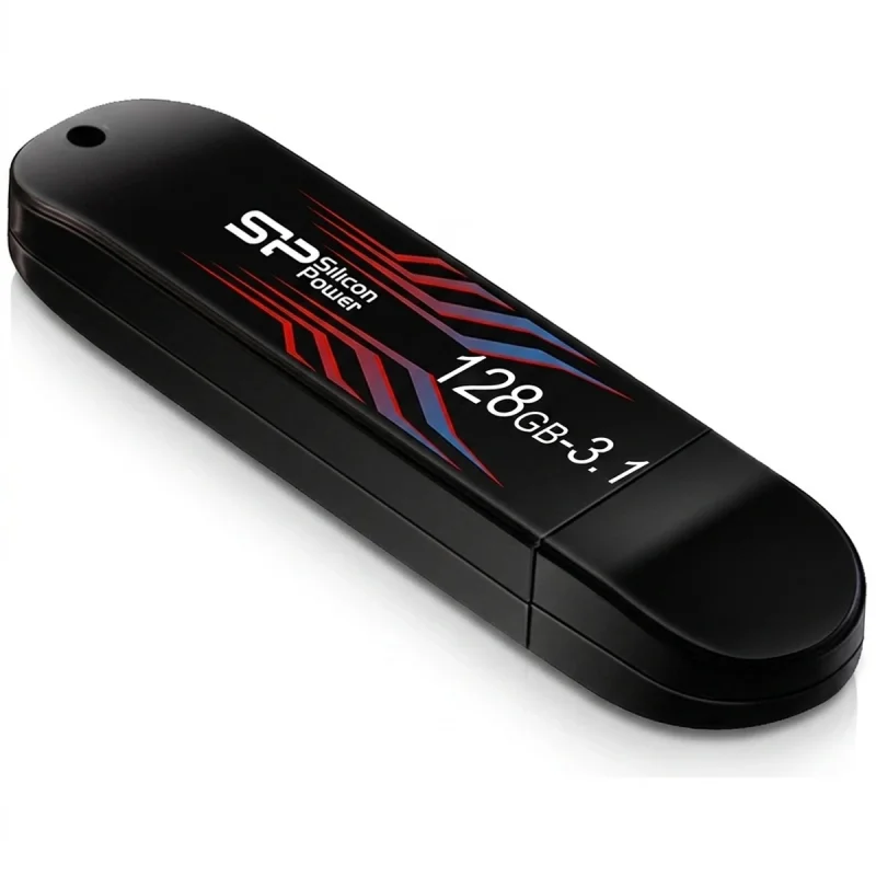 فلش مموری 128 گیگابایت سیلیکون پاور مدل Blaze B10 با رابط USB سه‌نقطه‌یک، سازگار با USB یک‌نقطه‌یک، USB دو‌نقطه‌صفر و USB سه‌نقطه‌صفر، دارای نشانگر LED و خطوط بدنه تغییررنگ‌دهنده در دمای بالاتر از 31 درجه سانتی‌گراد