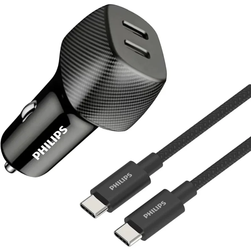 شارژر فندکی 30 وات 2 پورت فیلیپس مدل DLP5522C به همراه کابل تبدیل USB-C