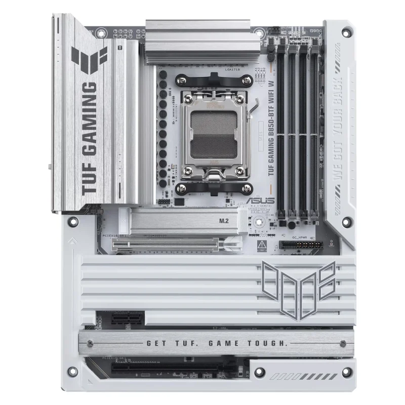 مادربرد ایسوس مدل TUF GAMING B850-BTF WIFI W، فرم فاکتور ATX، سوکت AMD AM5، دارای چهار اسلات رم DDR5، دارای 3 اسلات M.2، دارای Wi-Fi 7 و بلوتوث داخلی، پشتیبانی از پردازنده‌های Ryzen 9000، چیپست AMD B850، پشتیبانی از اورکلاک پردازنده و پمپ AIO