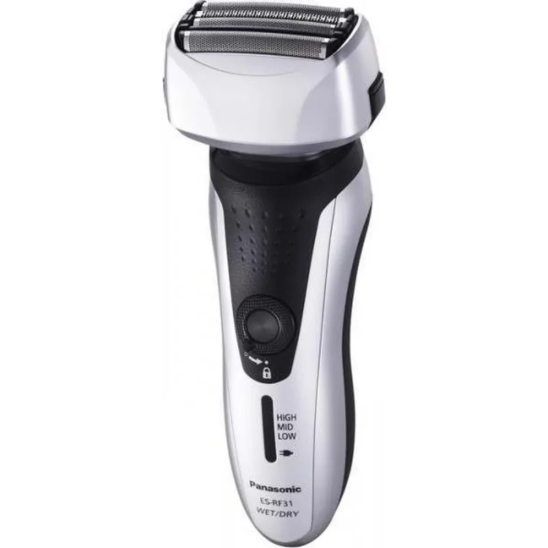 ماشین اصلاح موی صورت پاناسونیک مدل ES-RF31 با قابلیت اصلاح خشک و مرطوب، تنظیم خودکار سرعت موتور، چهار تیغه، حرکت سری در چند جهت، تیغه از آلیاژ نقره و استیل ضد زنگ، باتری قابل شارژ، مقاوم در برابر آب و لغزش
